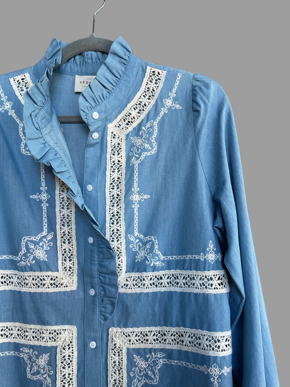 SEZANE Blue Ecru Lace Embroidered High Collar Button Down Chambray Ulysse Shirt - Picture 5 of 16